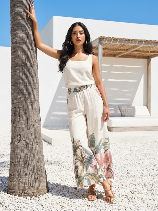 Source Unknown Pants - Tropical Print Wide-Leg Lounge Pants - Cream with Green & Pink (M-L)